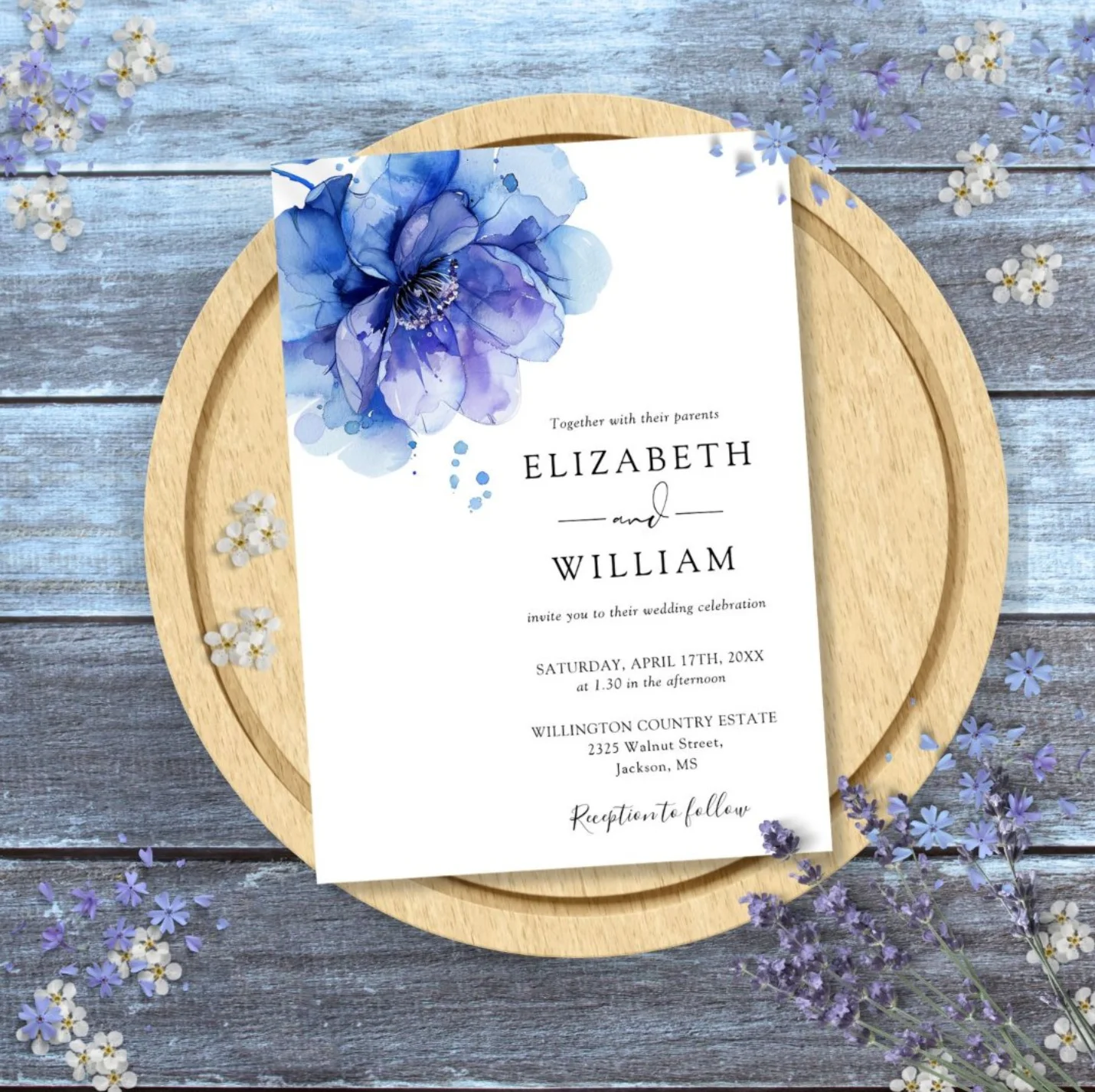 Elegant watercolor blue floral wedding invitation