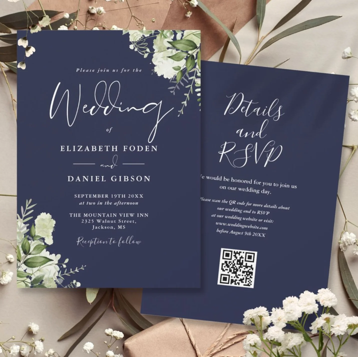 Navy blue greenery wedding invitation