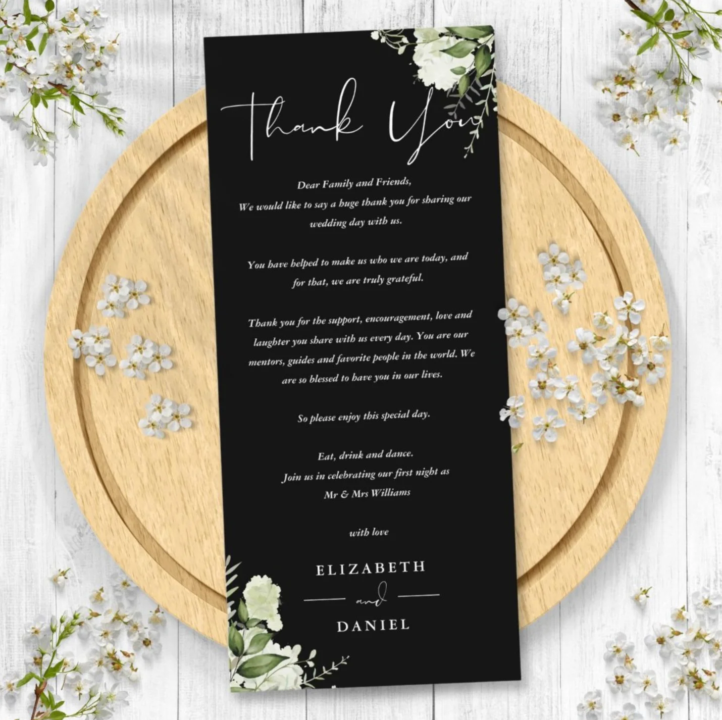 Black greenery thank you wedding place card