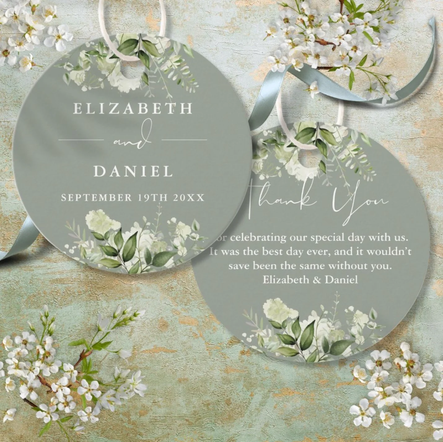 Sage green with greenery favor thank you tags