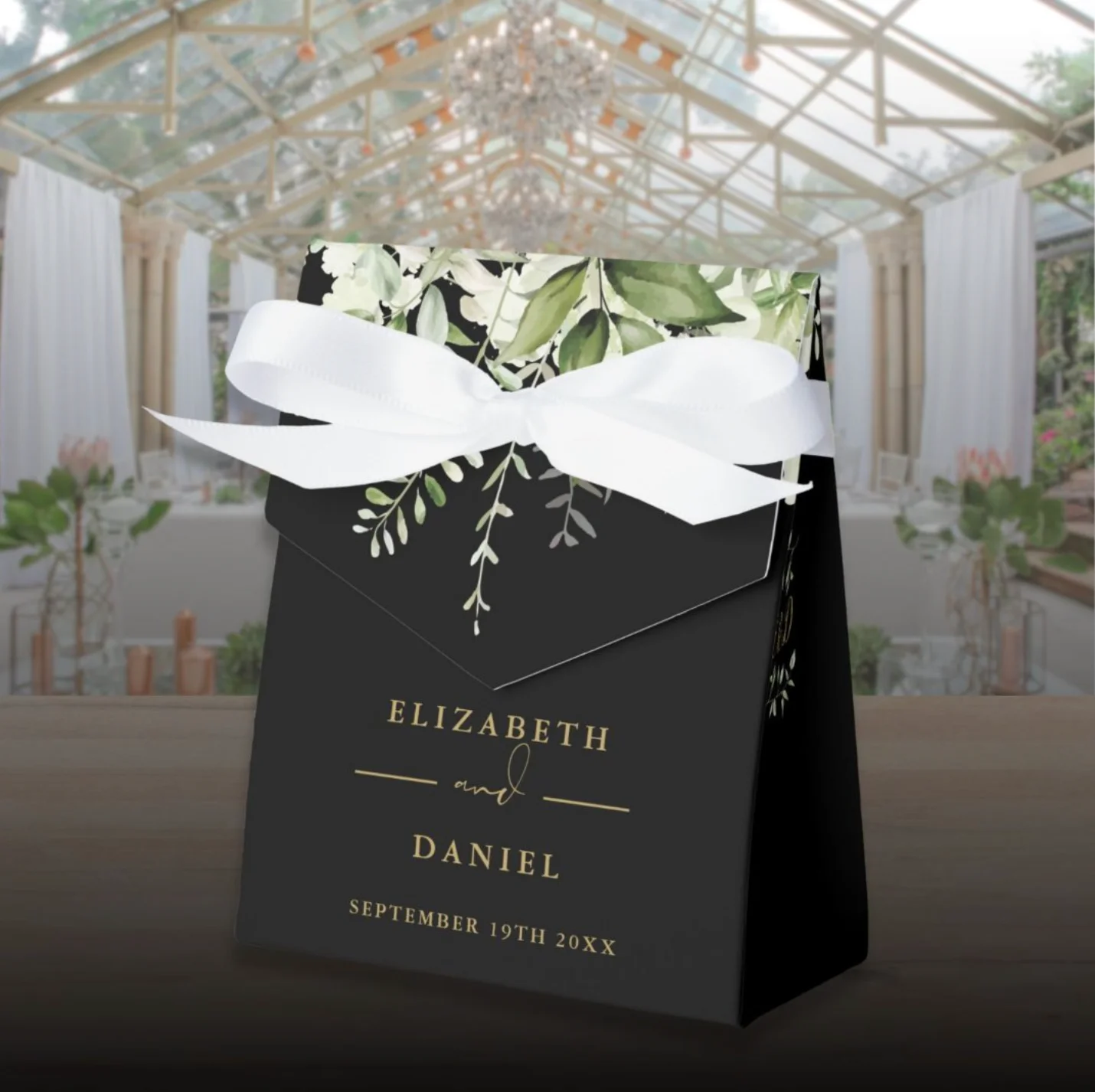 Black and gold greenery wedding favor box