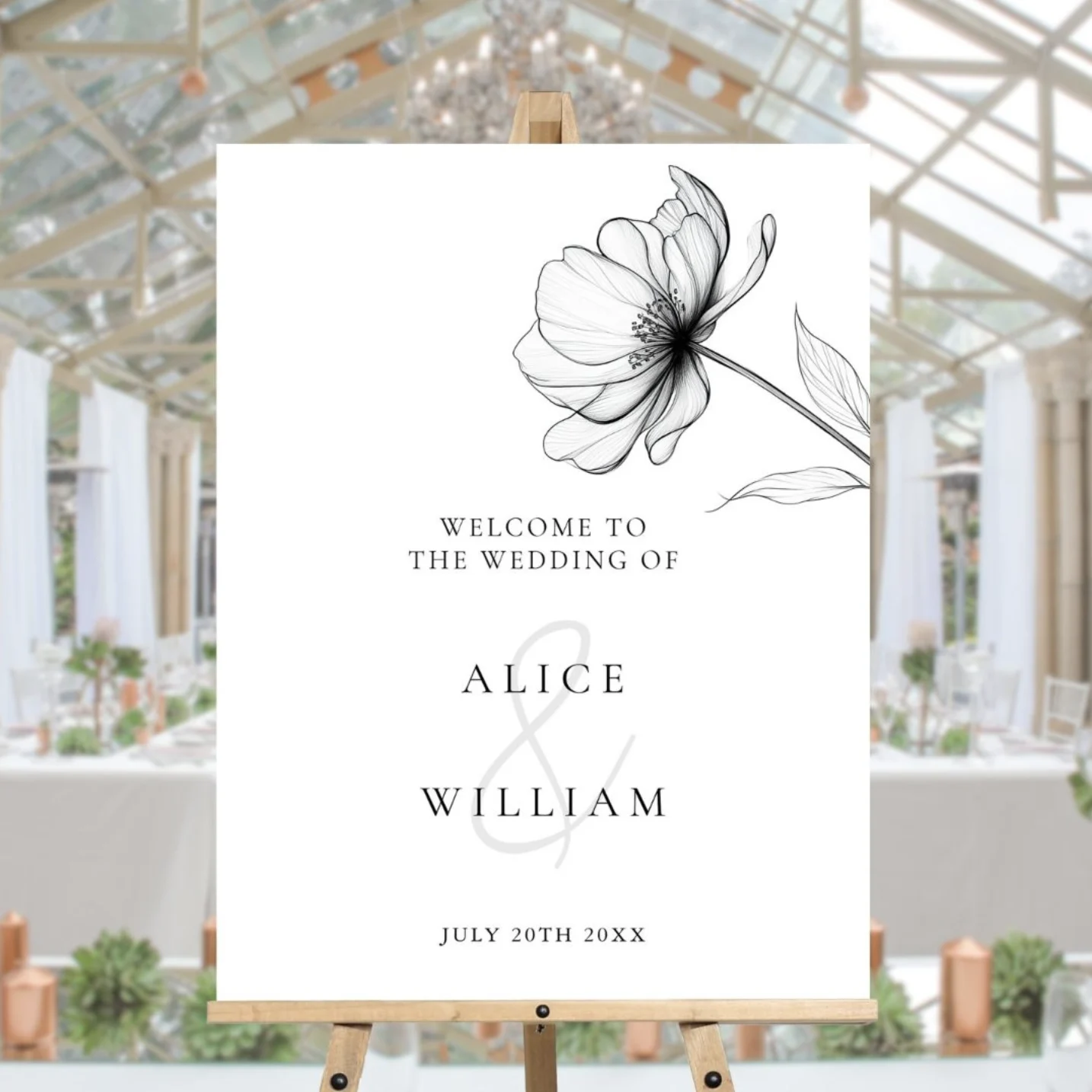 Elegant Line Drawing Floral Wedding Welcome Sign