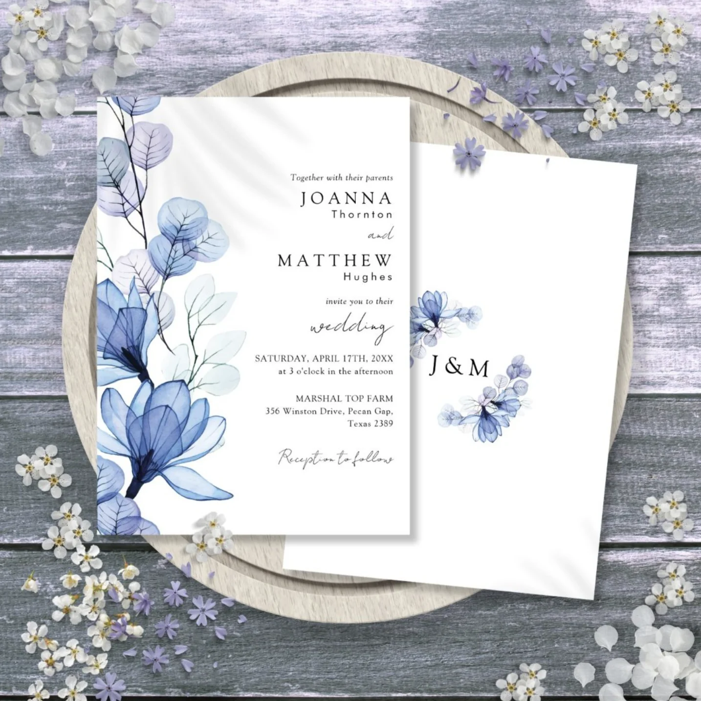 Blue Floral Wedding Invitation