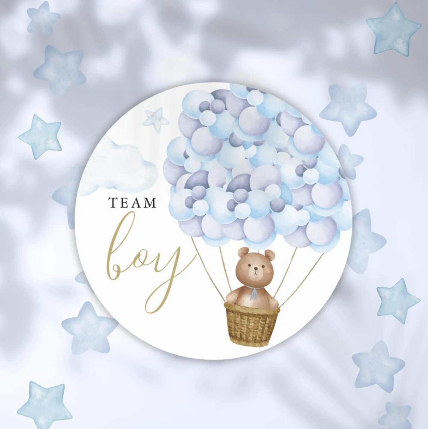 Team boy blue bear balloons gender reveal sticker