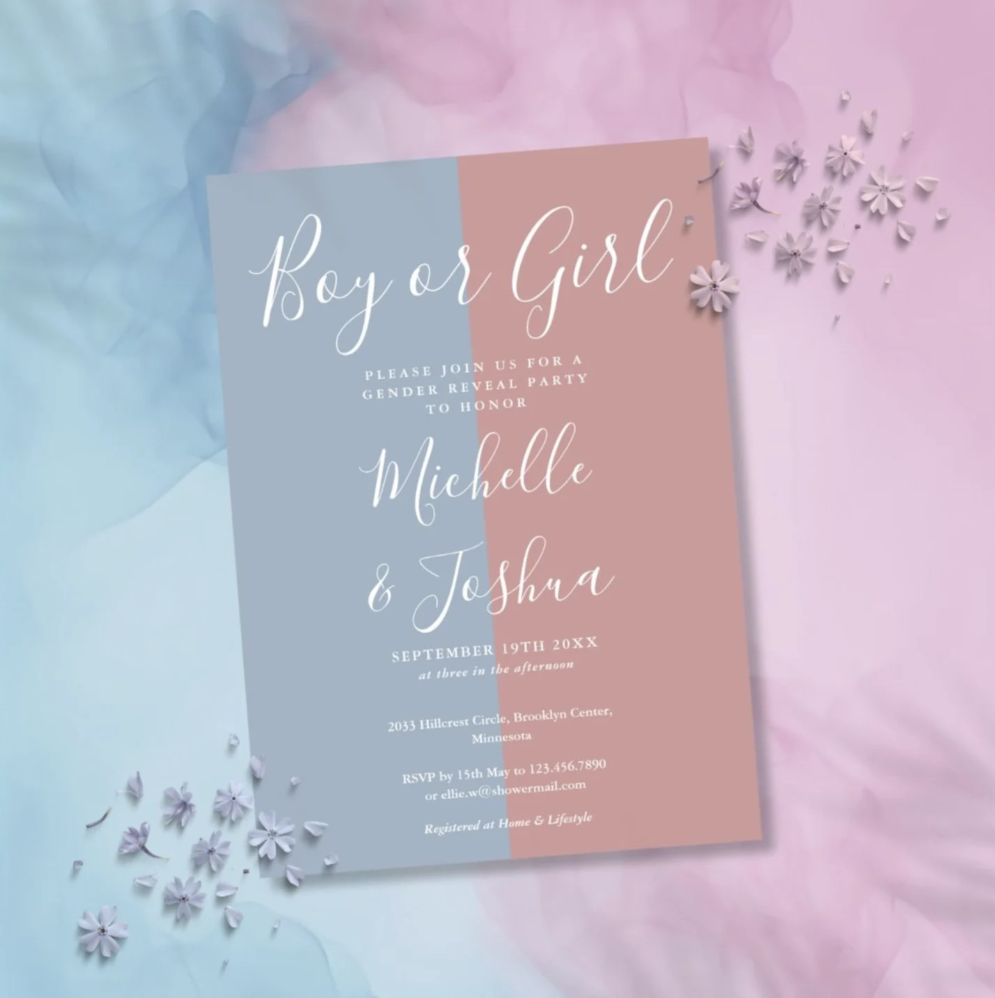 Blue and pink boy or girl gender reveal party invitation