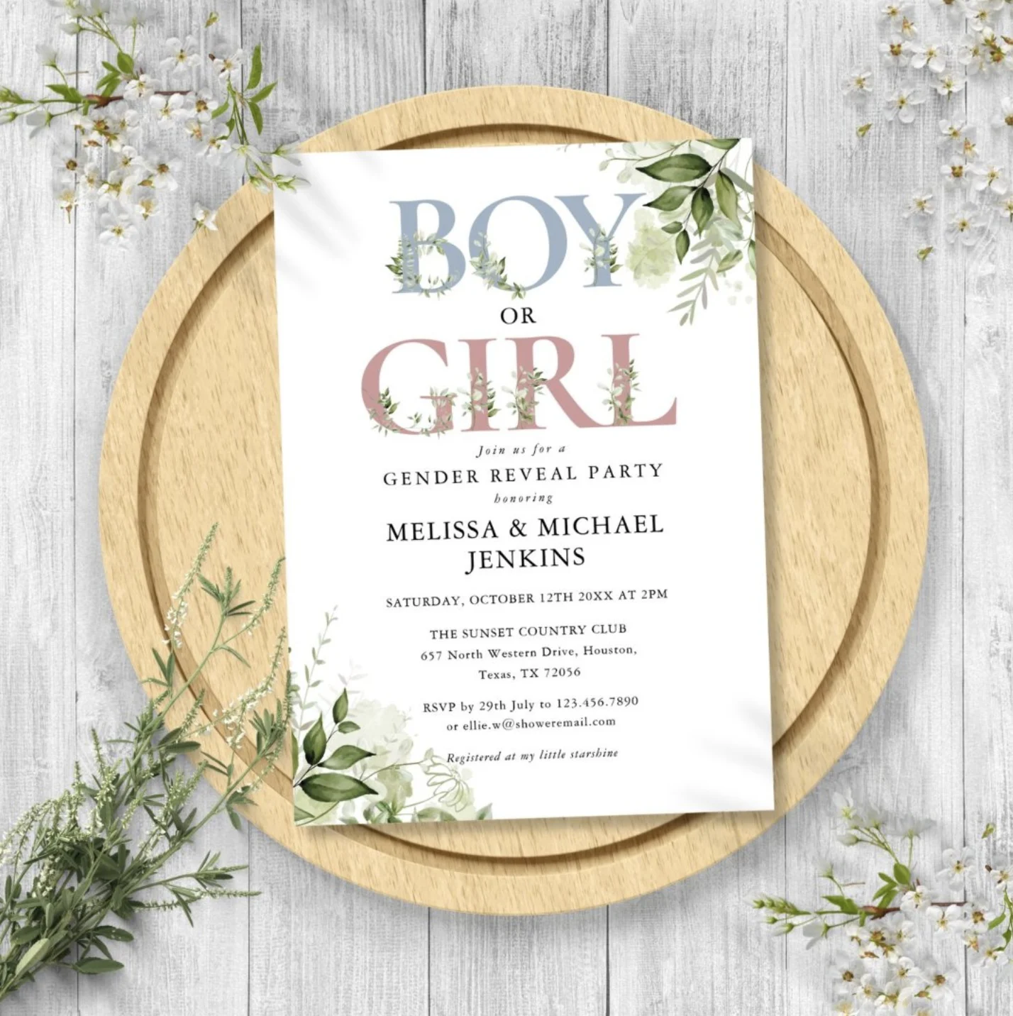 Boy or girl greenery gender reveal party invitation