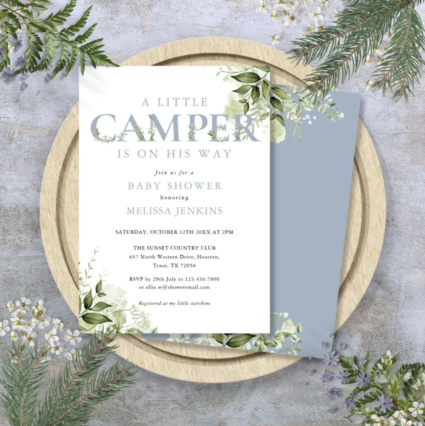 Greenery little camper baby shower invitation