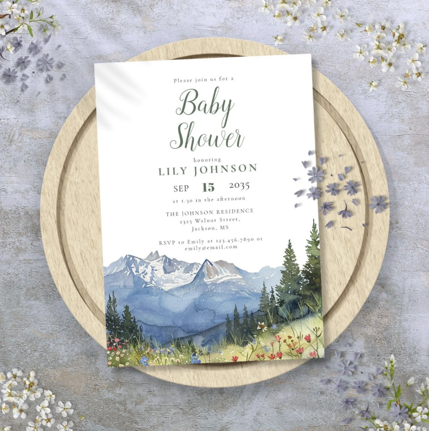 Watercolor mountains scene baby shower invitation