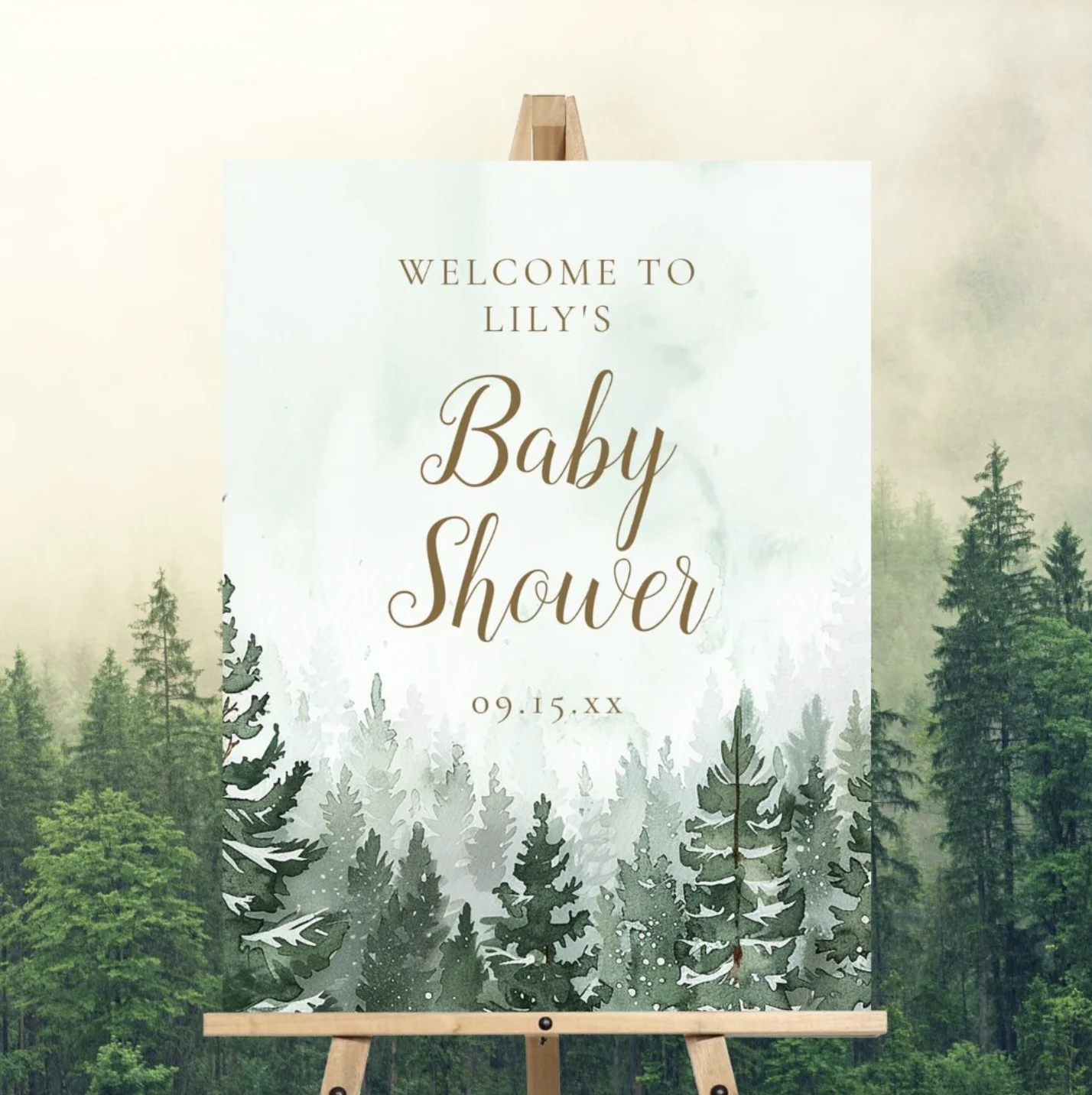 Watercolor pine forest baby shower welcome sign