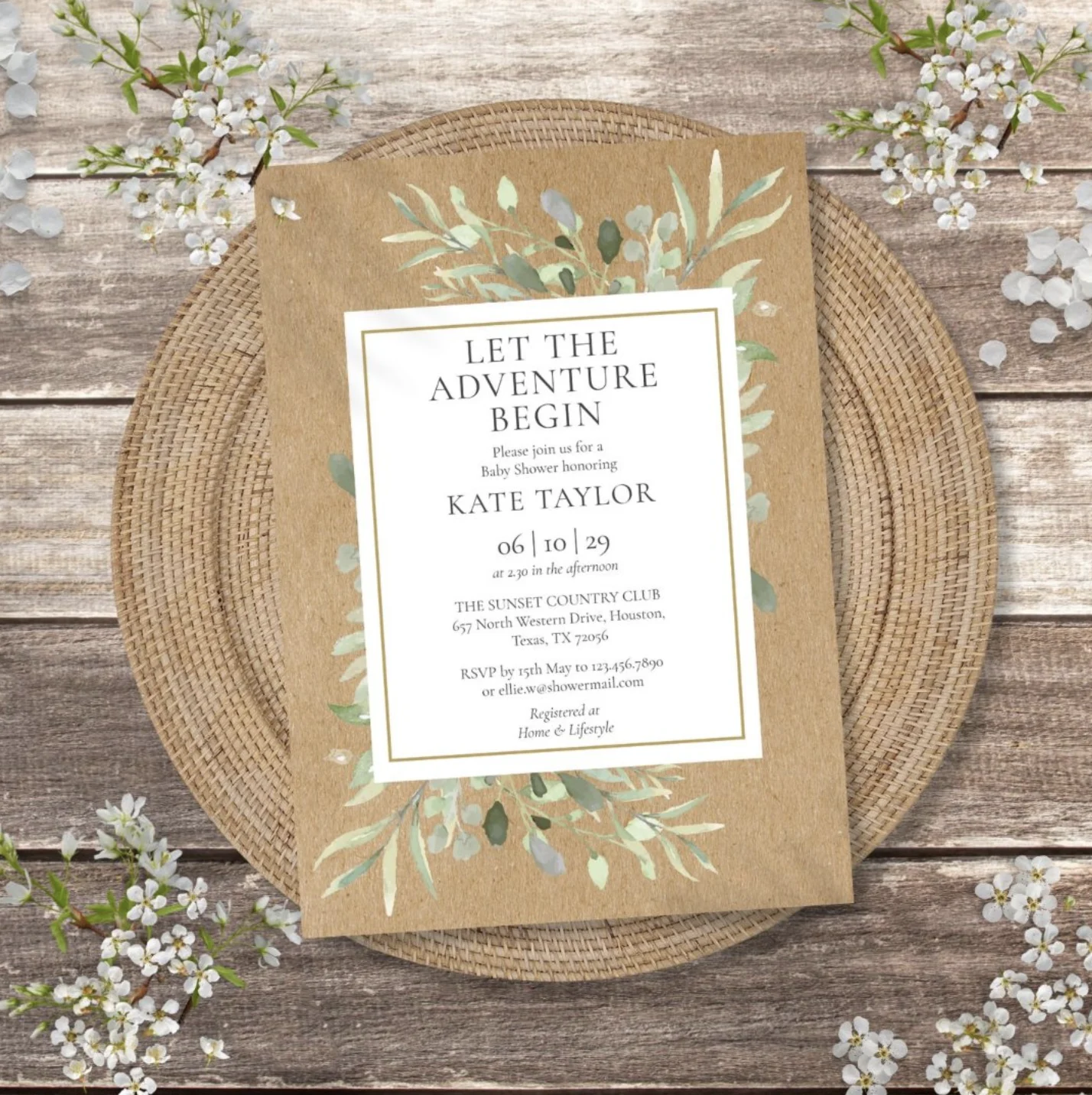 Rustic let the adventure begin baby shower invitation