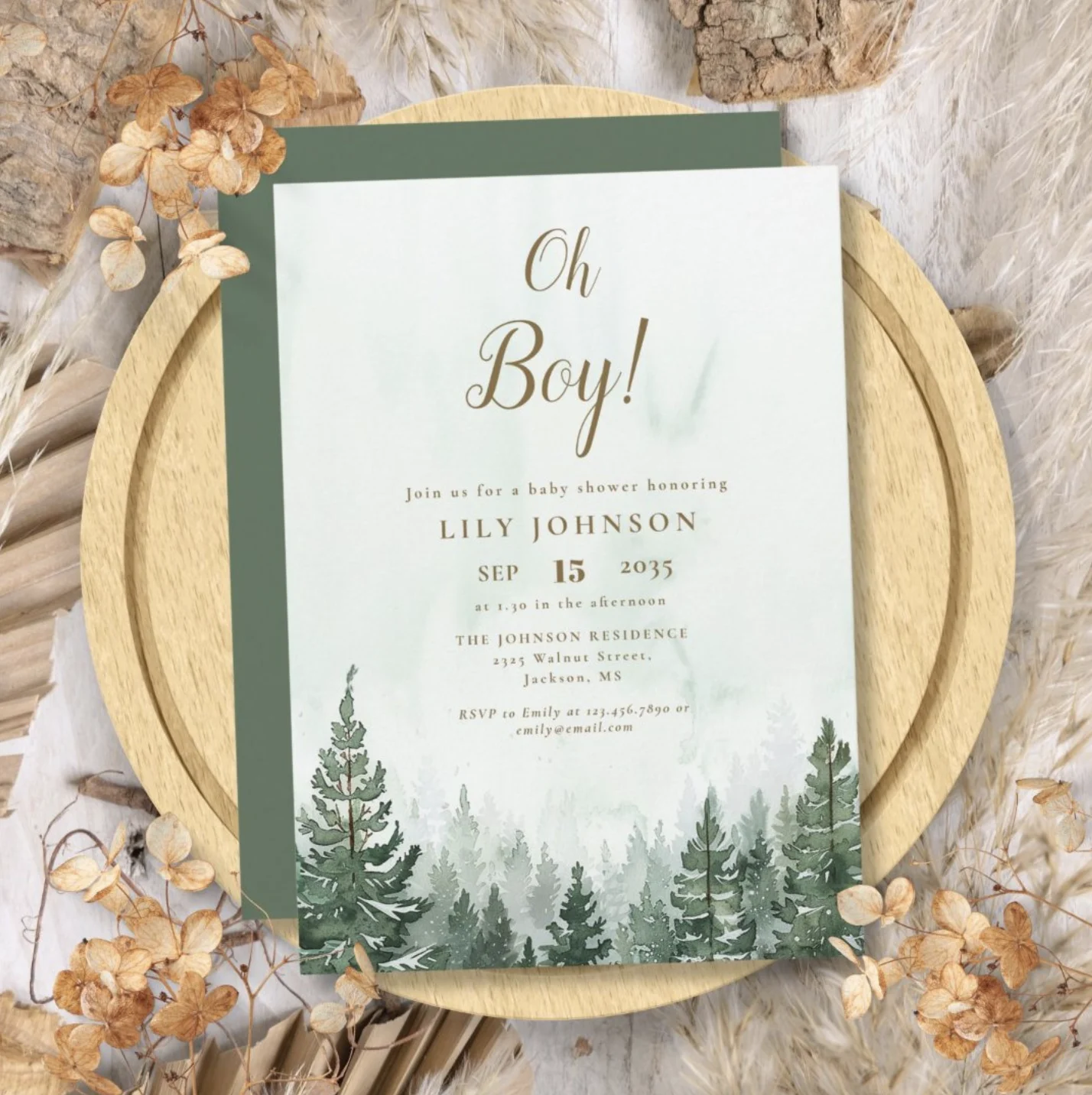 Watercolor pine forest oh boy baby shower invitation