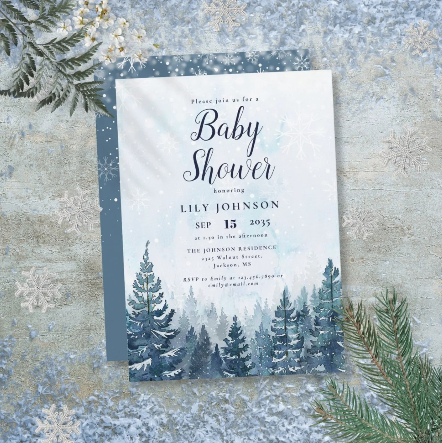 Winter pine forest baby shower invitation