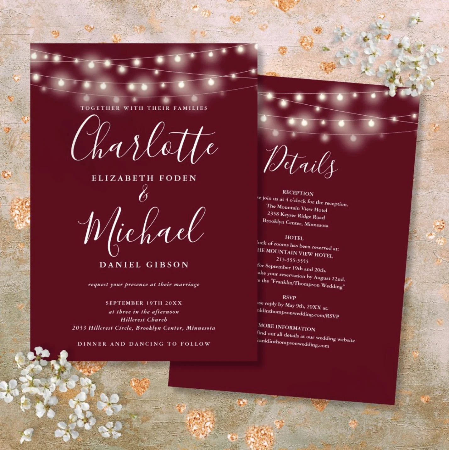 Burgundy Red String Lights Wedding Invitation