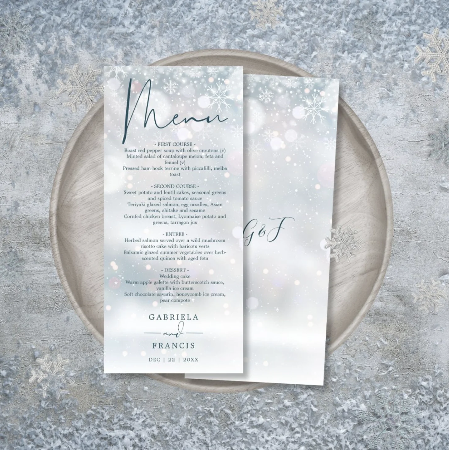 Winter wedding menu monogram