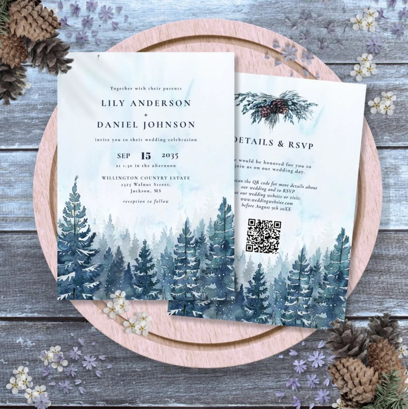 Winter pine trees wedding invitation