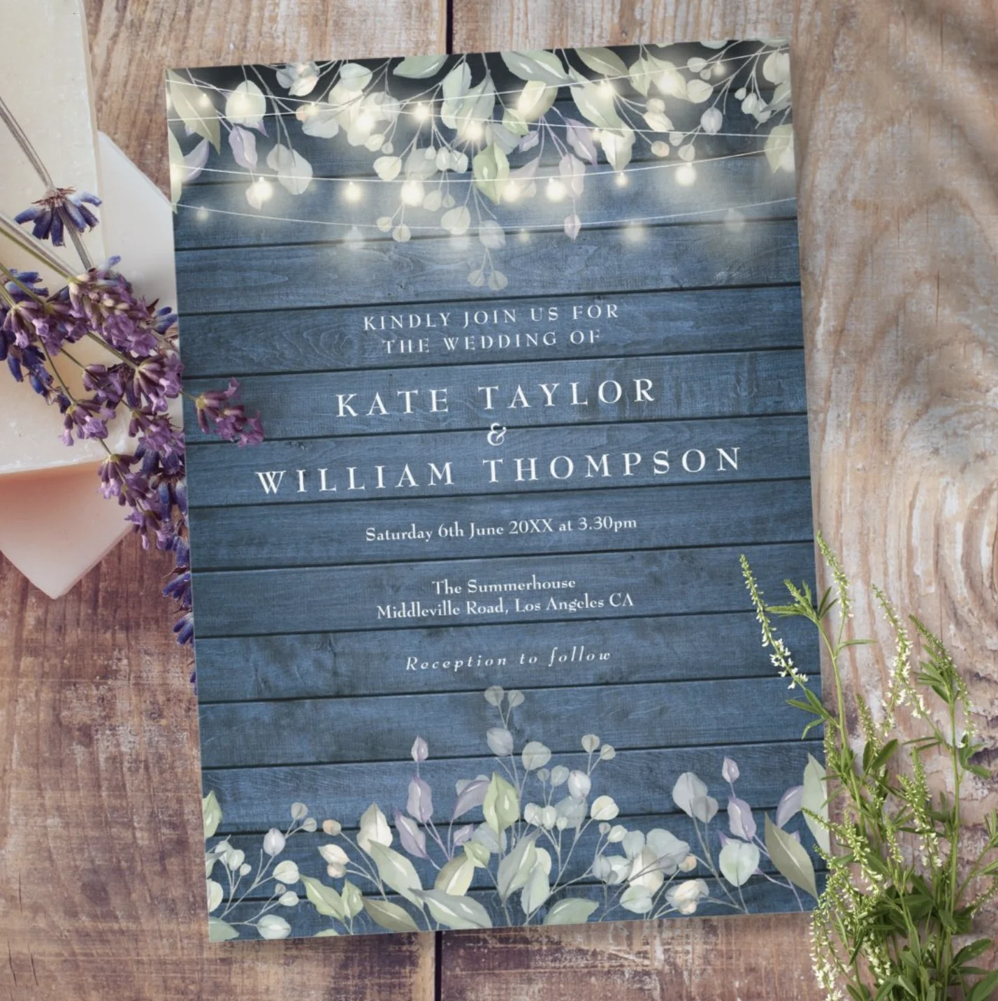 Rustic Blue Wood String Lights Sage Lilac Wedding Invitation