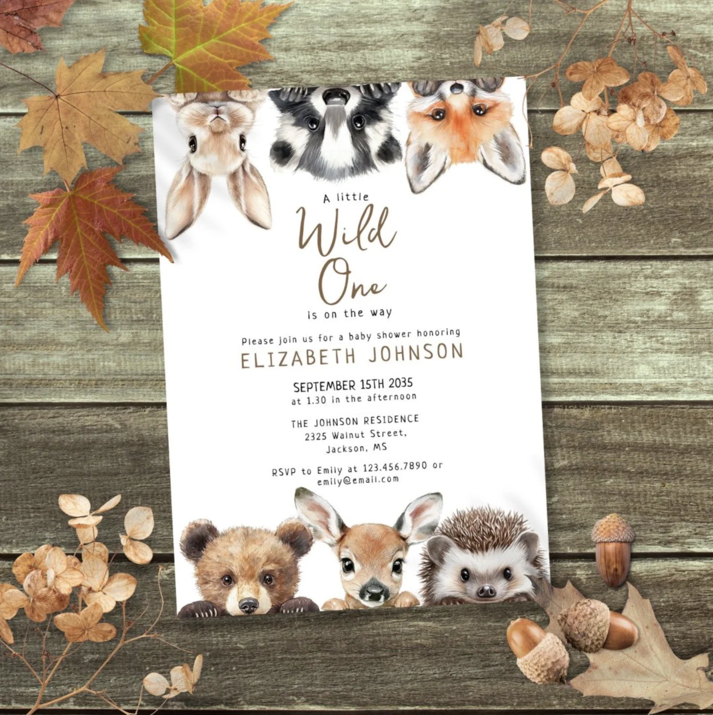 Wild One Woodland Animals Baby Shower Invitation