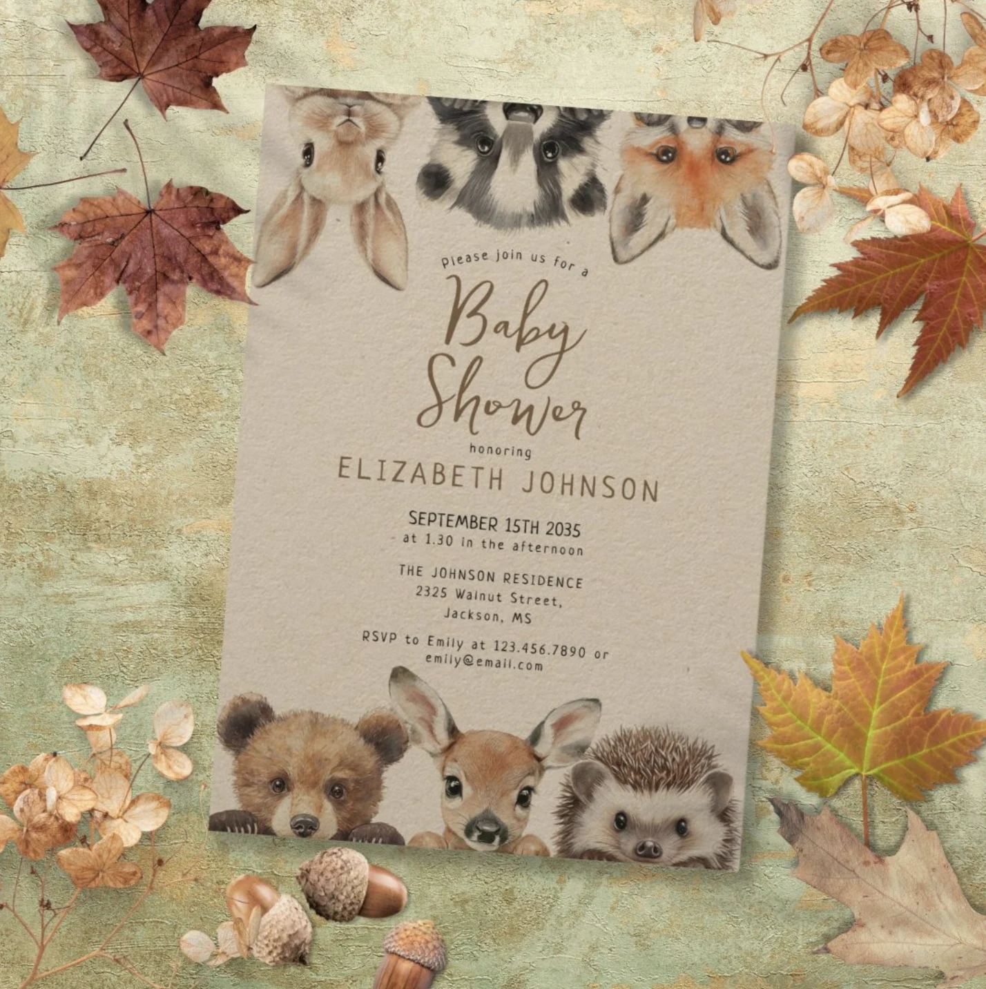 Rustic Cute Woodland Animals Baby Shower Invitation