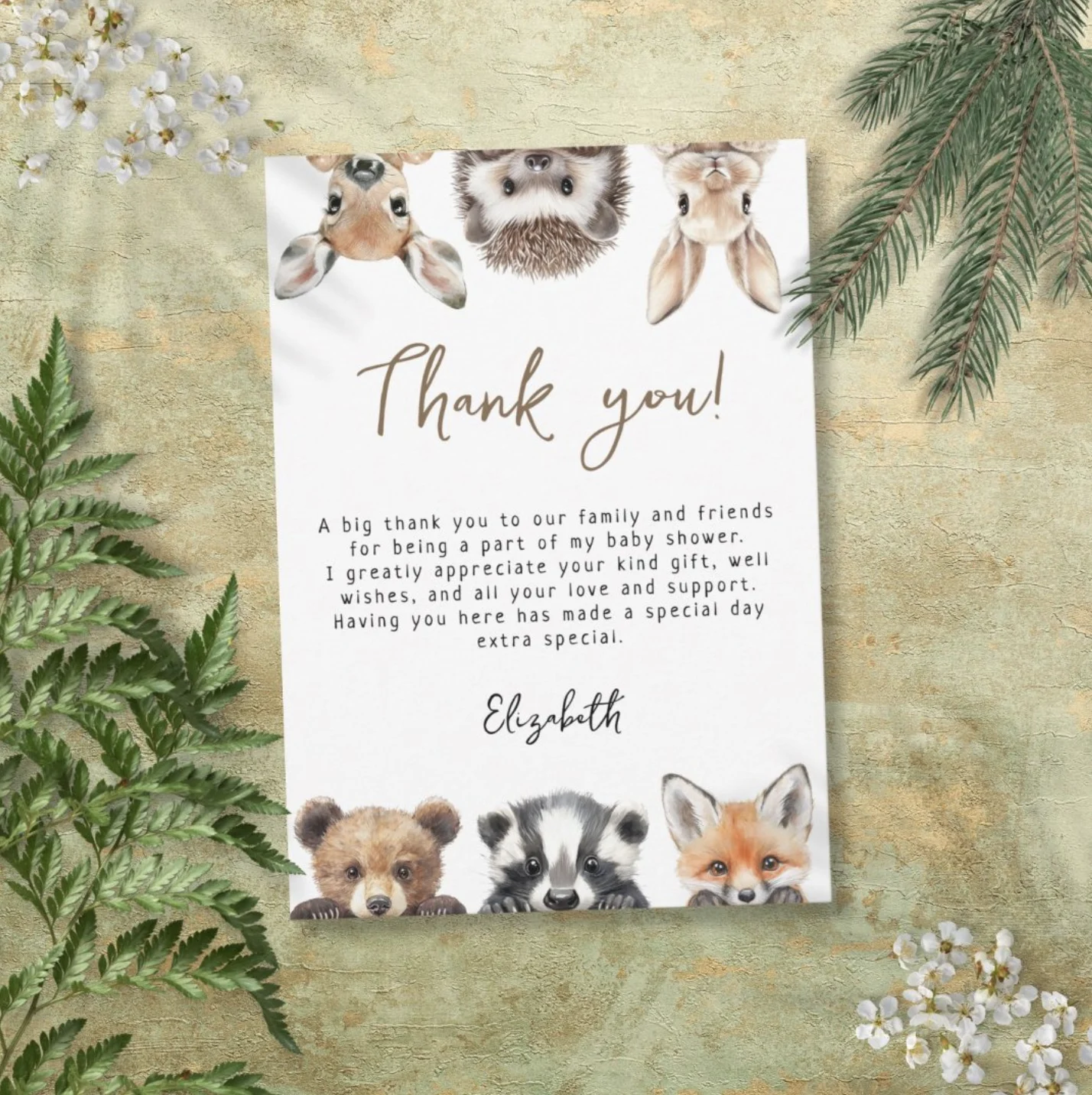 Cute Modern Woodland Forest Animals Baby Shower Thank You Card