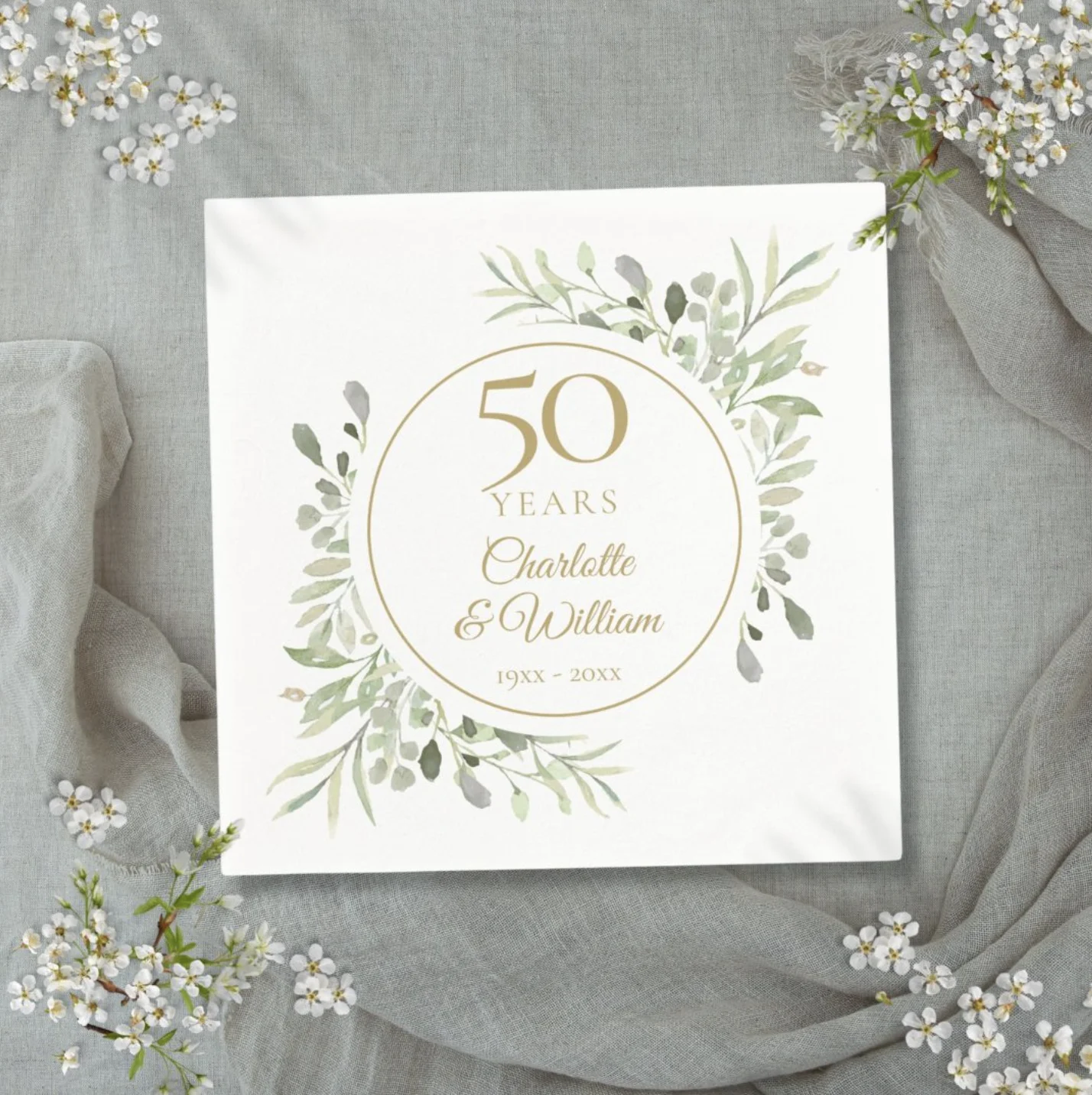 Elegant Gold 50th Anniversary Watercolor Greenery Napkins