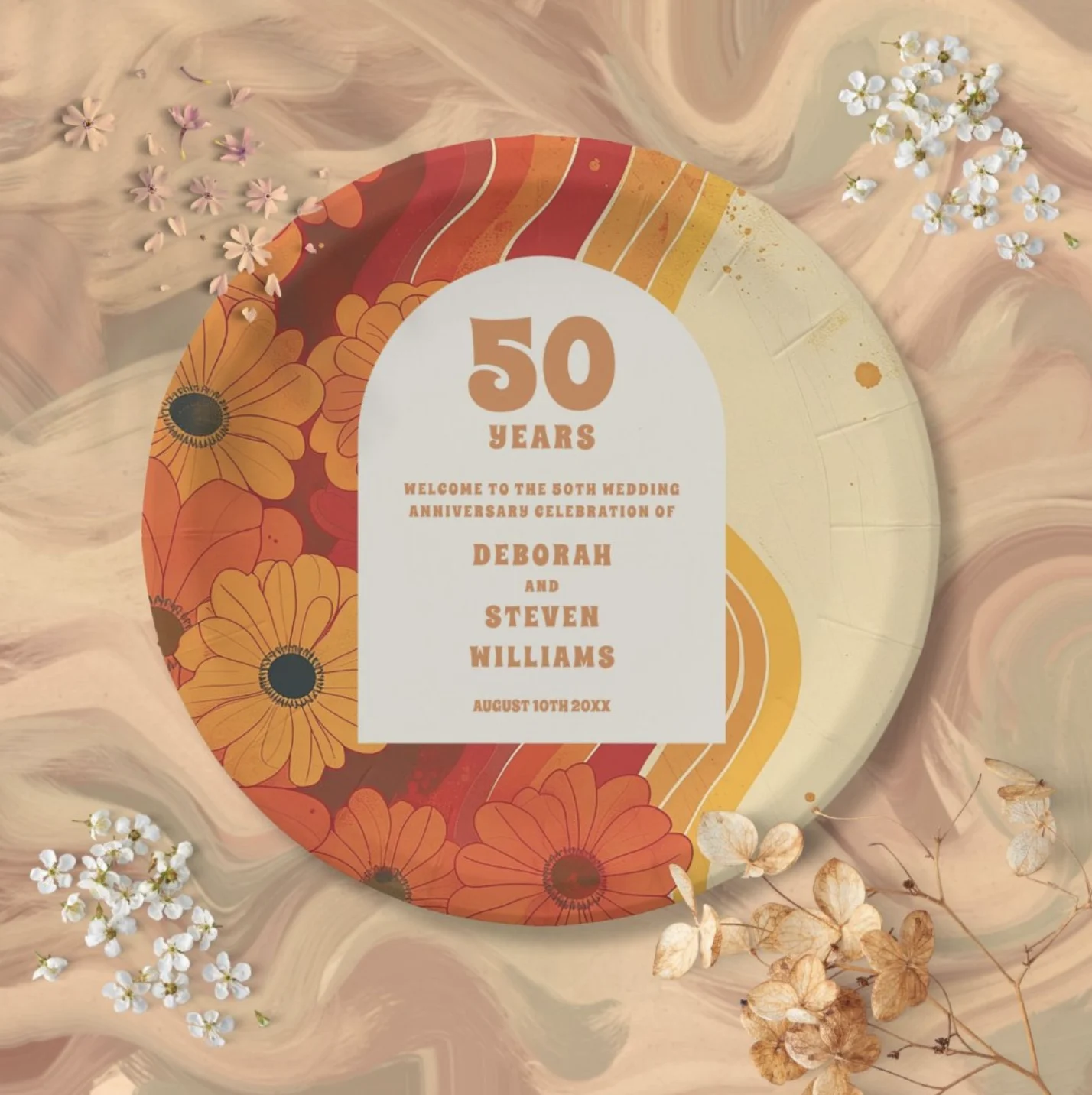 Groovy Retro 50th Wedding Anniversary Welcome Sign Paper Plates