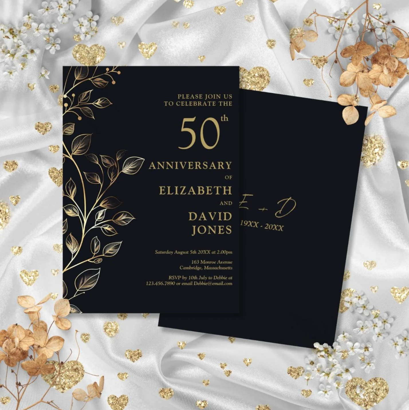Elegant gold floral 50th wedding anniversary invitation