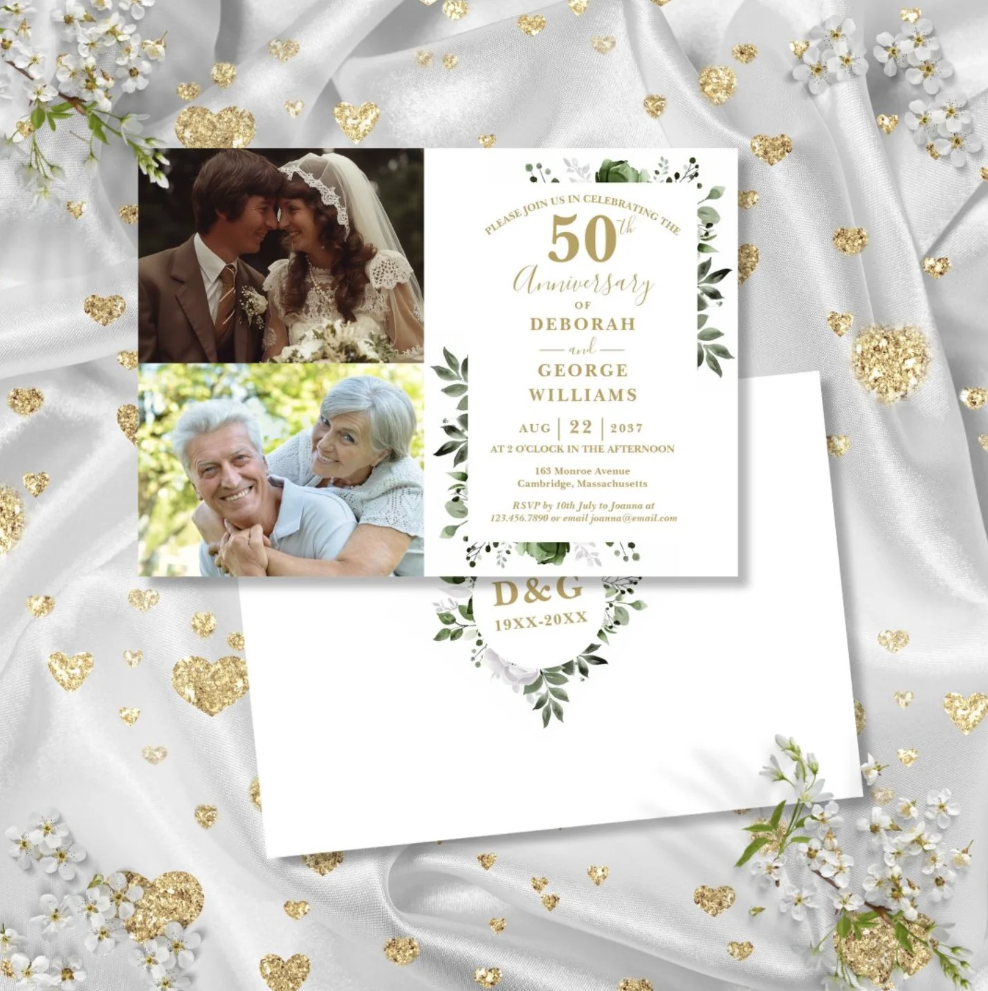Floral 50th Wedding Anniversary Then & Now 2 Photo Invitation