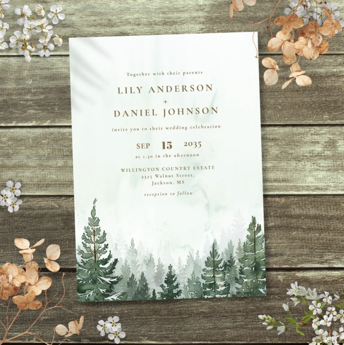 Rustic Elegant Watercolor Pine Tree Forest Wedding Invitation