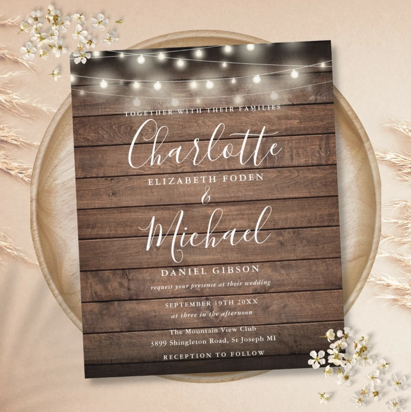 Budget Rustic String Lights Wedding Invitation