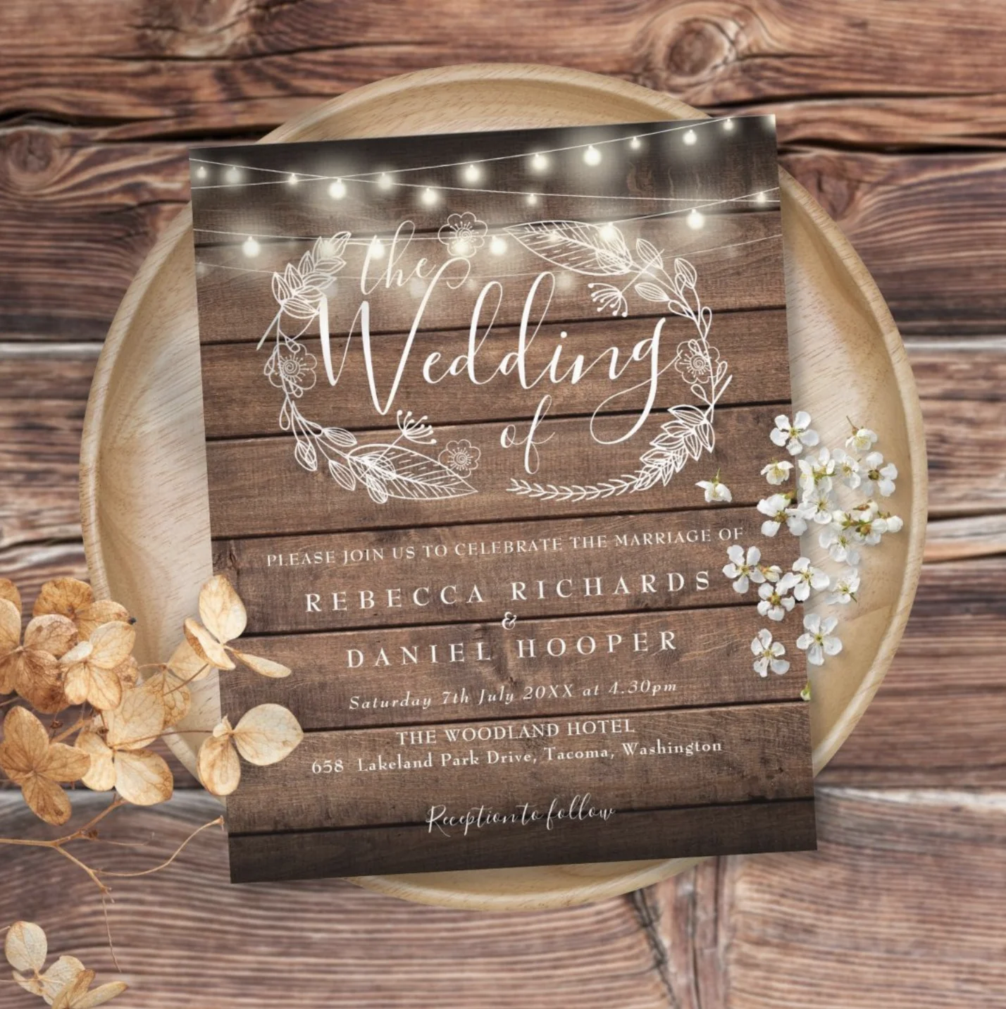 Budget Rustic Wood String Light Wedding Invitation