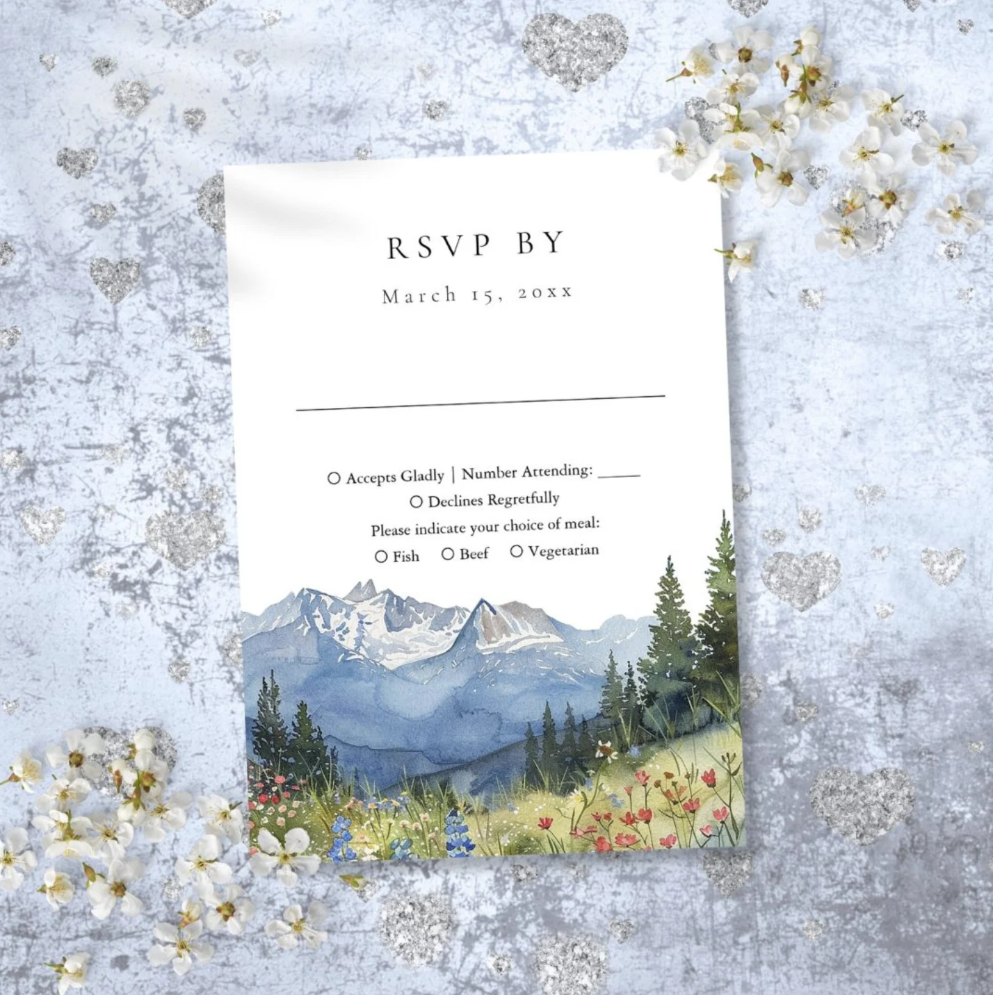 Elegant Watercolor Mountain Wildflower Wedding RSVP Card