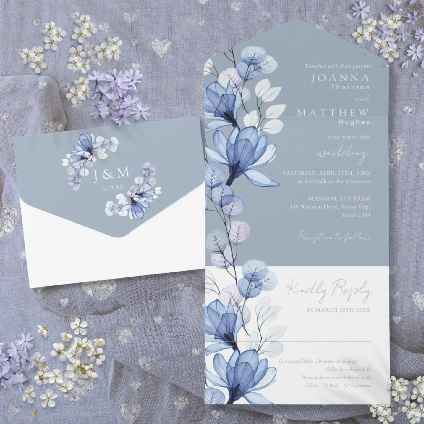 Pure Piglet Dusty Blue Transparent Floral Invitation