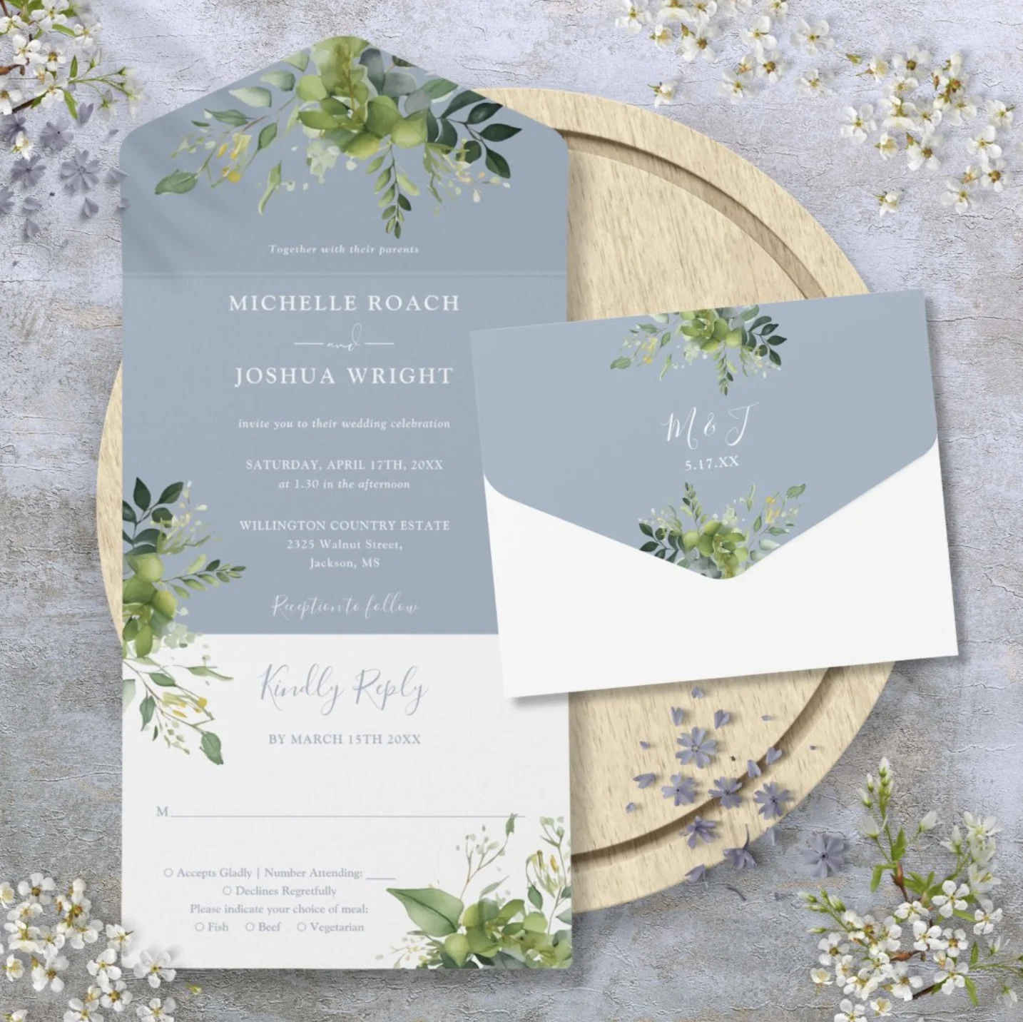 Pure Piglet Eucalyptus Greenery Dusty Blue Monogram Wedding All In One Invitation