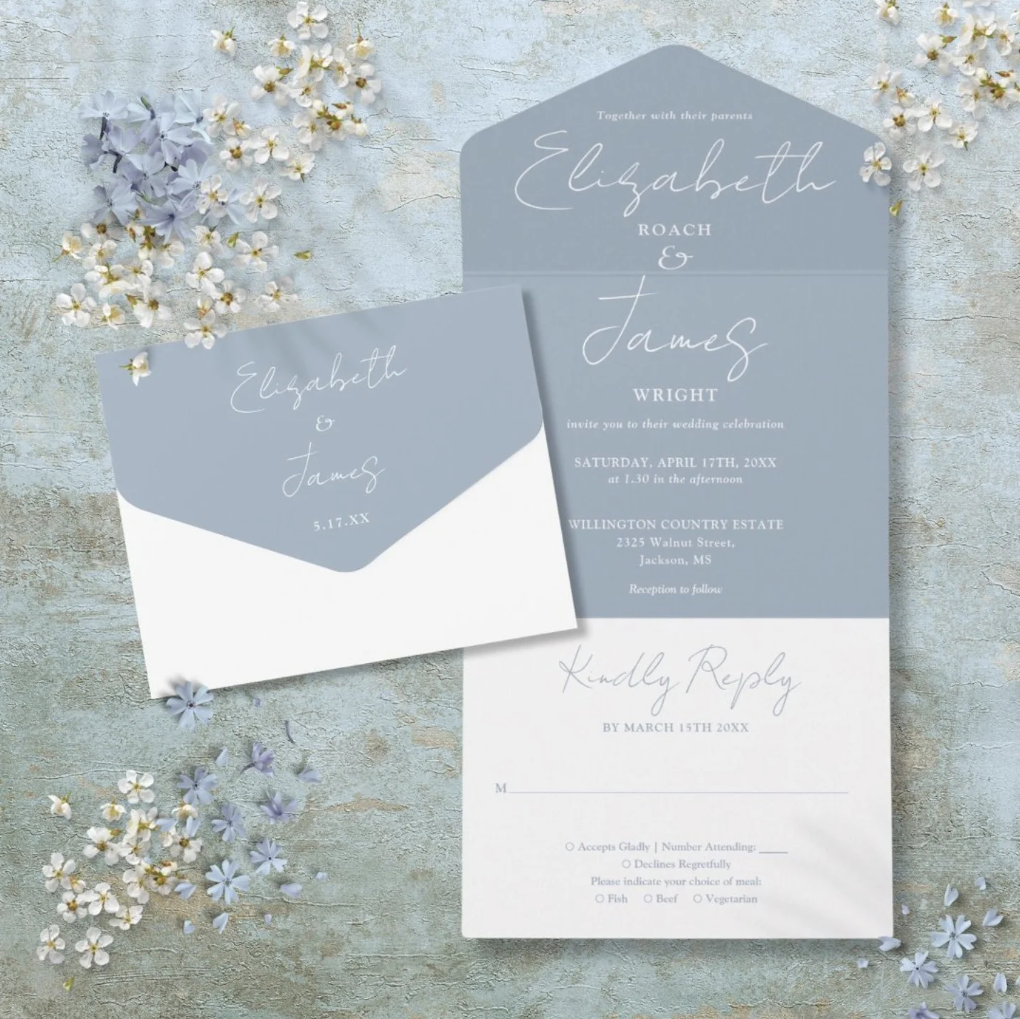Pure Piglet Dusty Blue Minimalist Elegant Script Wedding All In One Invitation