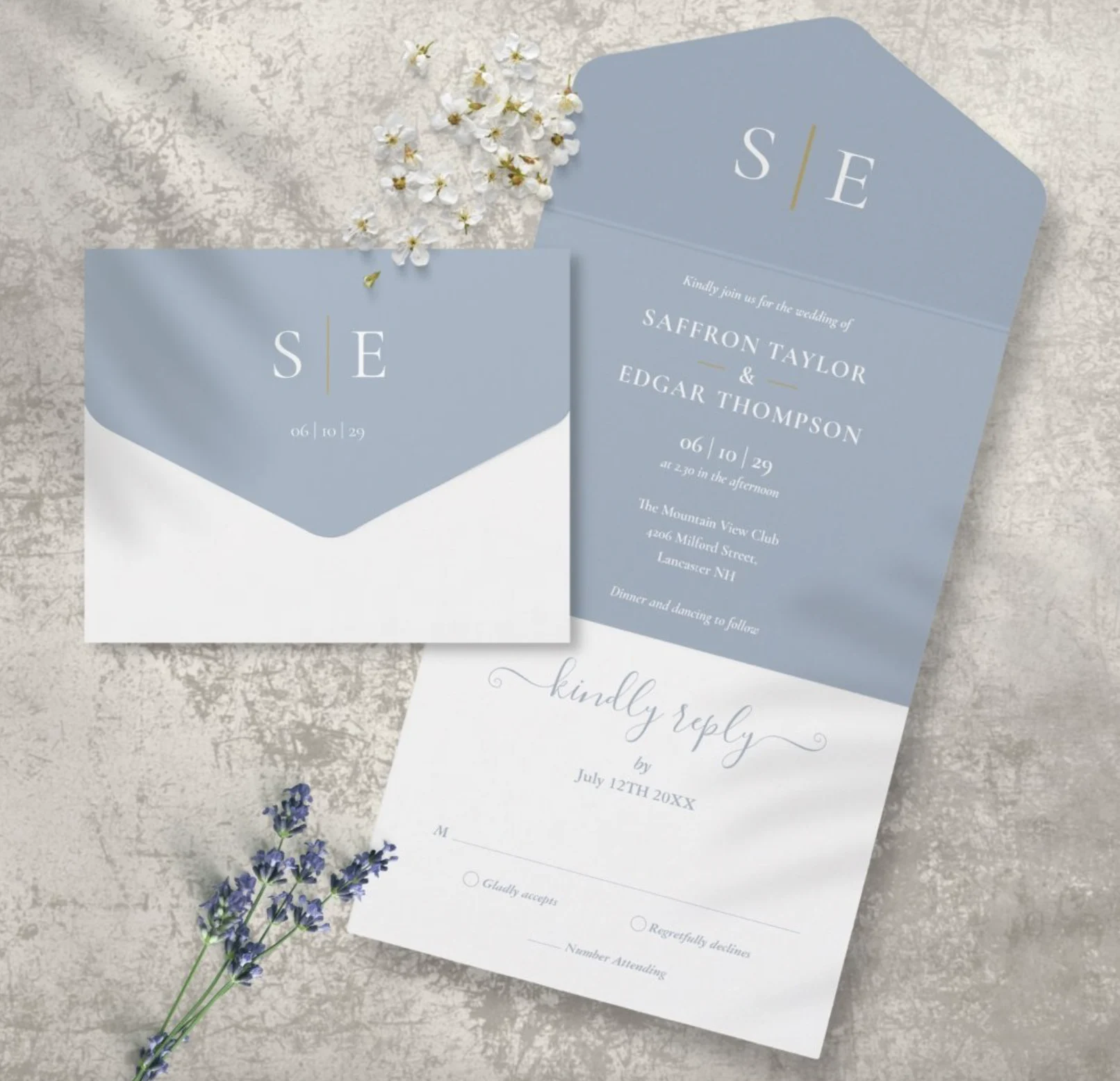 Thisisnotme Monogram Elegant Dusty Blue And Gold Wedding All In One Invitation
