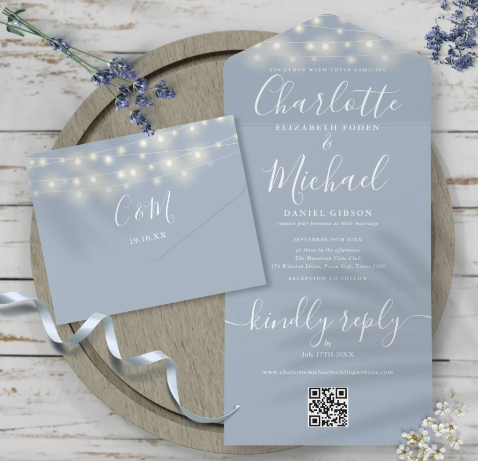 Thisisnotme Dusty Blue String Lights QR Code Monogram Wedding All In One Invitation