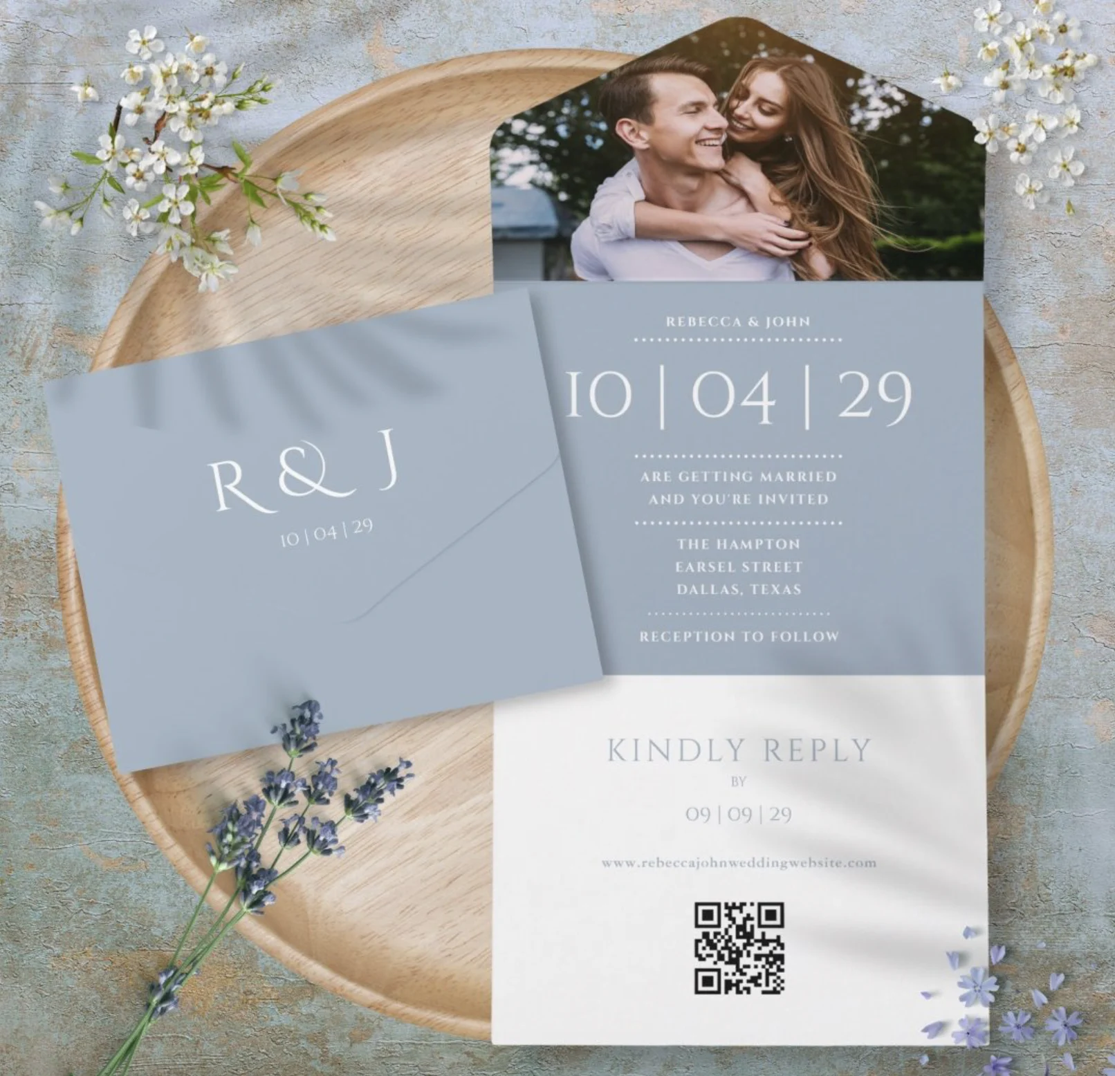 Thisisnotme Dusty Blue Monogram QR Code Photo Wedding Date All In One Invitation