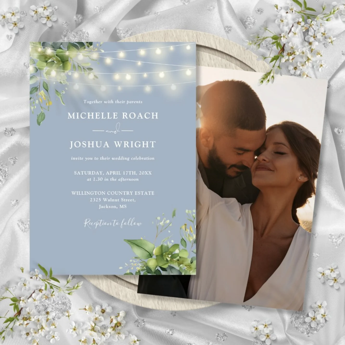 Pure Piglet String Lights Greenery Dusty Blue Photo Wedding Invitation