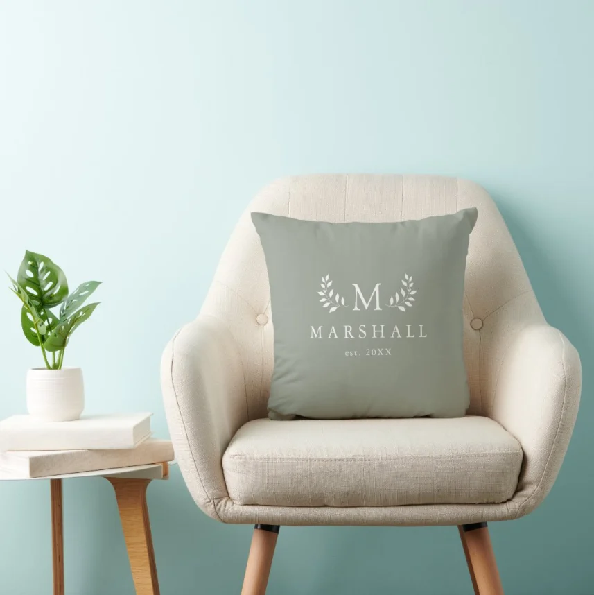 Green Modern Elegant Floral Monogram Family Name Throw Pillow