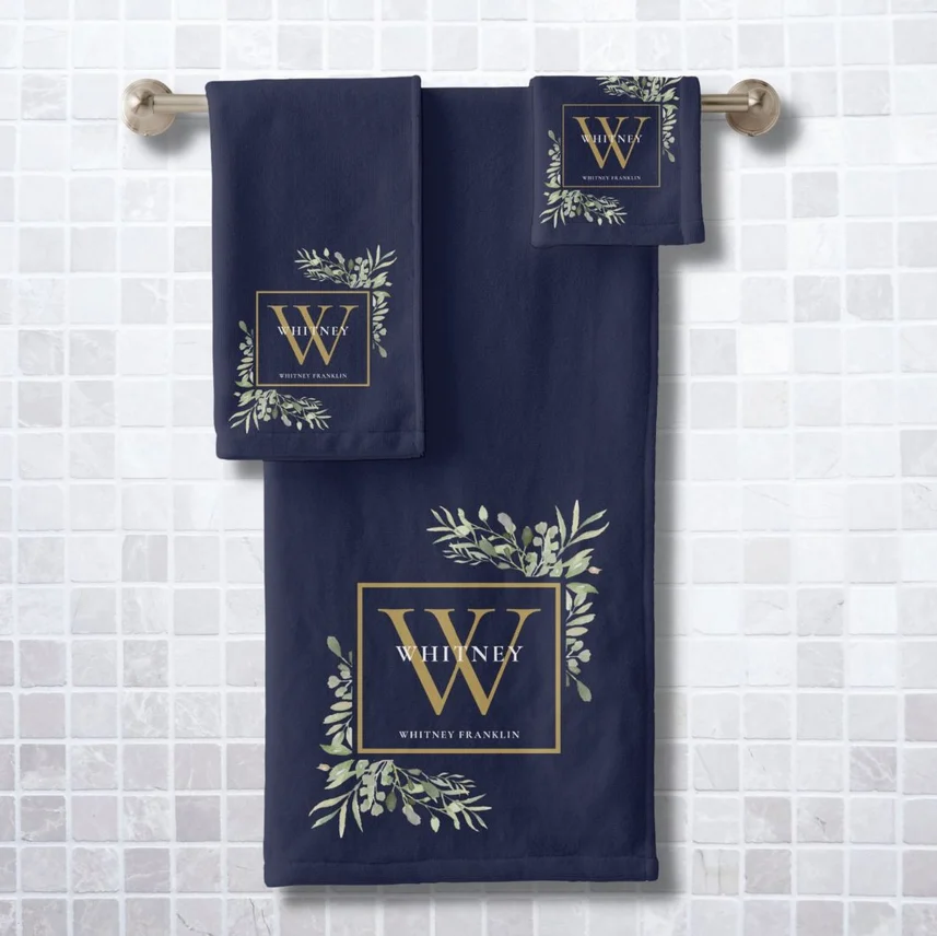 Gold Monogram Name Greenery Navy Blue Bath Towel Set