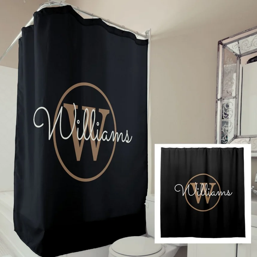 Elegant Black Gold Monogram Script Name Shower Curtain