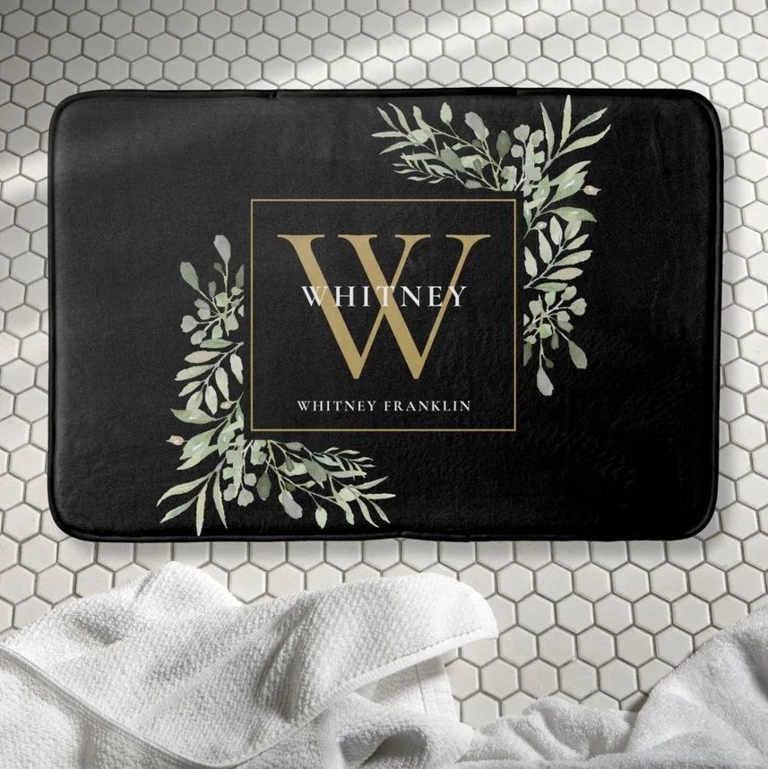 Modern Black Gold Monogram Greenery Leaves Bath Mat