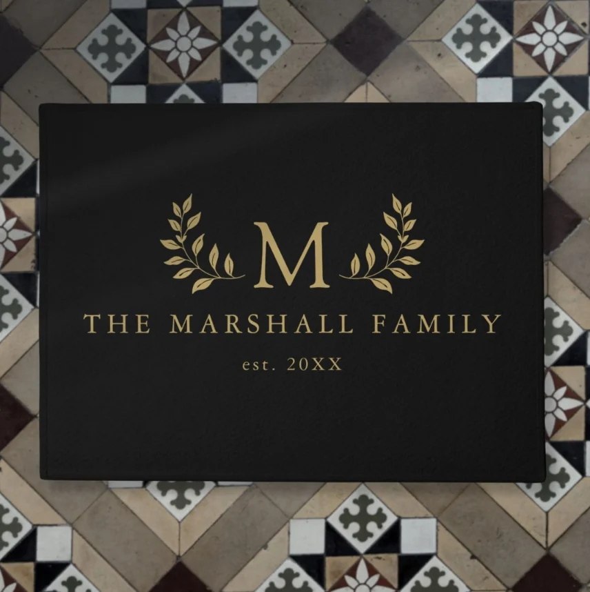 Black And Gold Elegant Floral Monogram Family Name Doormat