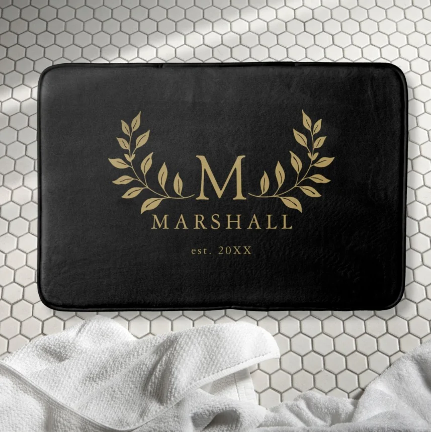 Black And Gold Modern Floral Monogram Family Name Bath Mat