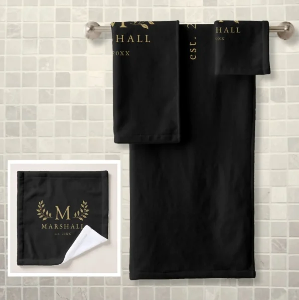 Black And Gold Modern Elegant Floral Monogram Name Bath Towel Set