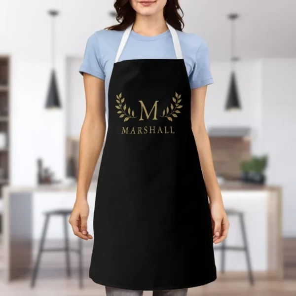Black And Gold Modern Elegant Floral Monogram Name Apron
