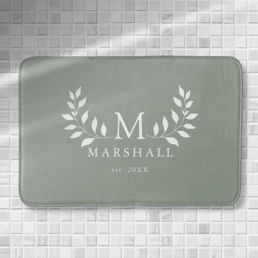 Green Modern Elegant Floral Monogram Family Name Bath Mat