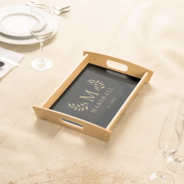 Black And Gold Modern Elegant Floral Monogram Name Serving Tray