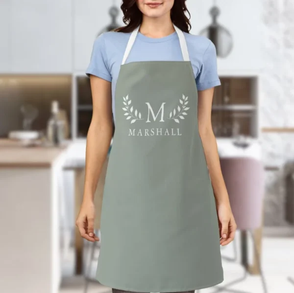 Green Modern Elegant Floral Monogram Name Apron