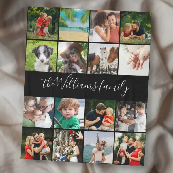 16 Photo Collage Family Script Name Fleece Blanket